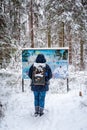 Open-air gallery, woman looking at snowy picture.