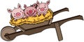 Bale of hay with three cute pigs on wooden garden cart