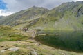 Balea chalet and Balea glacier lake near the Transfagarasan road, panoramic view. Romania Royalty Free Stock Photo
