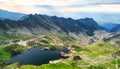 Balea Lake, seen from above. Glacial lake, on Transfagarasan highway in Carpathian mountains, Romania in summer