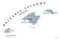 Balearic Islands, gray map, Mallorca, Ibiza, Menorca, Formentera