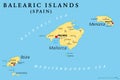 Balearic Islands, political map, Mallorca, Ibiza, Menorca and Formentera