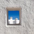 Balearic islands white chimney through window Royalty Free Stock Photo