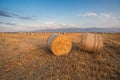 Baled Hay Rolls at Sunset Royalty Free Stock Photo