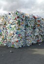 Bales of crushed plastic bottles for recycling