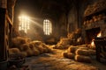 Bales of golden hay, neatly stacked in a rustic barn, Royalty Free Stock Photo