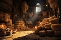 Bales of golden hay, neatly stacked in a rustic barn,