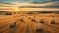 Bales of hay in a golden field country landscape shot during sunrise . A.I. generated Royalty Free Stock Photo