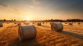 Bales of hay in a golden field country landscape shot during sunrise or sunset. Royalty Free Stock Photo