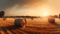 Bales of hay in a golden field country landscape shot during sunrise or sunset. Royalty Free Stock Photo