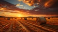 Bales of hay in a golden wheat field landscape shot during sunrise or sunset. AI Generated. Royalty Free Stock Photo