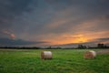 Bales of hay lying on a green meadow and beautiful clouds after sunset, evening cloudy view Royalty Free Stock Photo