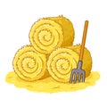Bales with hay and pitchforks on a white background. Vector illustration in cartoon style Royalty Free Stock Photo