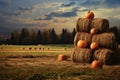 bales of hay stacked in a field, pumpkins nearby