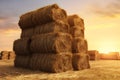 Bales of hay stacked on top of each other in countryside. Harvest on farm fields. Haymaking from grass grown for fodder.