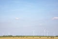 Bales of hay, yield, wind turbines in a landscape with trees at the horizon and blue skies, Almere, Netherlands Royalty Free Stock Photo
