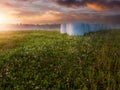 Bales of hey wrapped in white plastic in a field at sunrise. Nobody. Calm and relaxed nature scene with agriculture land, forest Royalty Free Stock Photo