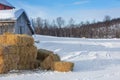 Bales of straw lie on the snow near the old barn. Royalty Free Stock Photo