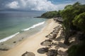 Bali beach with palm trees, relaxed beach vacation in summer with sun, sea and sand. Copy space, top view. AI generated