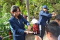 Bali - December, 2019 several students are teaching elementary school students how to wash their hands properly, located in Bali