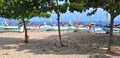 Bali Fishing Boats Panorama at Sanur, Indonesia. Royalty Free Stock Photo