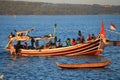 Wooden fishing boat at port in Jimbaran beach, Bali Royalty Free Stock Photo