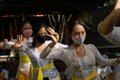 BALI/INDONESIA-JULY 3 2020: The New Normal life in Bali. The prayer program at the temple accompanied by a traditional dance where Royalty Free Stock Photo