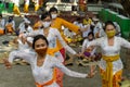 BALI/INDONESIA-JULY 3 2020: The New Normal life in Bali. The prayer program at the temple accompanied by a traditional dance where Royalty Free Stock Photo