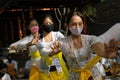 BALI/INDONESIA-JULY 3 2020: The New Normal life in Bali. The prayer program at the temple accompanied by a traditional dance where Royalty Free Stock Photo