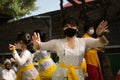 BALI/INDONESIA-JULY 3 2020: The New Normal life in Bali. The prayer program at the temple accompanied by a traditional dance where Royalty Free Stock Photo