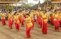 Beautiful indonesian people group in colorful sarongs - traditional Balinese style ethnic dancer costumes at Bali Arts and