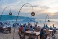 Sea food restaurants on Jimbaran beach in Bali, Indonesia Royalty Free Stock Photo