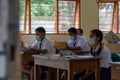 BALI,INDONESIA-5 OCT 2021: classroom atmosphere in Indonesian junior high schools when learning the new normal. Students are seen