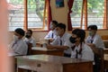 BALI,INDONESIA-5 OCT 2021: classroom atmosphere in Indonesian junior high schools when learning the new normal. Students are seen