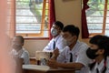 BALI,INDONESIA-5 OCT 2021: classroom atmosphere in Indonesian junior high schools when learning the new normal. Students are seen