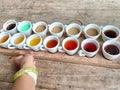 14 different types of coffee and tea tasting board at Ubud Bali Royalty Free Stock Photo