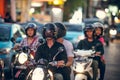 BALI, INDONESIA - OCTOBER 12, 2017: Scooters on the Legian street, Kuta, Bali, Indonesia. Motorbike traffic. Royalty Free Stock Photo