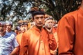 BALI, INDONESIA - SEPTEMBER 25, 2018: Balinese men in traditional clothes on a big ceremony in Tirta Empul Temple.