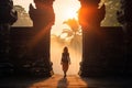 Bali, Indonesia, Traveler at the Ancient Gates of Pura Temple - generative ai