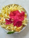 Bali Island, 20 April 2023 - chrysolite, roses, frangipani, hibiscus Flowers in a glass bowl on a marble background, top view