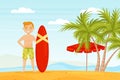 Bali with Man at Sandy Seashore Standing with Surfboard Vector Illustration