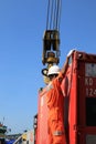 Bali, May 2022. stevedore rigger foreman and the ship\'s crew are assisting the process of cargo operation Royalty Free Stock Photo