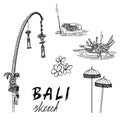 Bali sketch. Penjor for Galungan, ceremonial umbrellas, ceremonial box, frangipani.