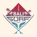 Bali surf rider, Indonesia. Surfing vintage label with waves, pa