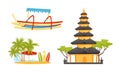Bali Symbols and Landmarks with Boat, Beach with Surfboard and Pagoda Vector Set