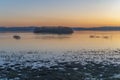 Balikesir Lake Manyas at sunset boats reflection Royalty Free Stock Photo