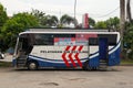 Balikpapan, Indonesia - August 9th, 2021: Indonesian Police mobile bus office for driving license renewal service.