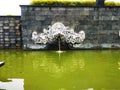 Balinese carved ornament in a fish pond in the shape of a bird& x27;s head with a fountain