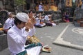 Balinese family celebrating Galungan Kuningan holidays in Bali Indonesia