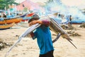 fishmonger carry Marlin fish at the morning market Royalty Free Stock Photo